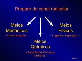 Preparo do canal radicular


 Meios                                   Meios
Mecânicos                                Físicos
- Instrumentação -                - Irrigação / Aspiração -

                      Meios
                     Químicos
                - Substâncias Químicas
                      Auxiliares -
                                                    APKV/03
 