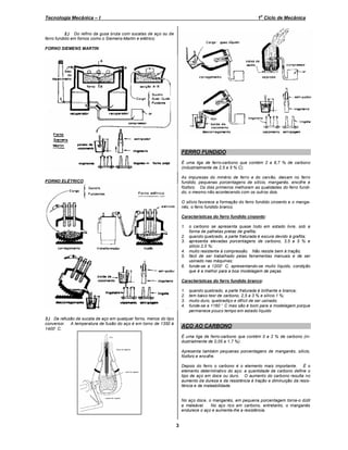 o

Tecnologia Mecânica – I

1 Ciclo de Mecânica

2.) Do refino da gusa bruta com sucatas de aço ou de
ferro fundido em fornos como o Siemens-Martin e elétrico;
FORNO SIEMENS MARTIN

FERRO FUNDIDO
É uma liga de ferro-carbono que contém 2 a 6,7 % de carbono
(industrialmente de 2,5 a 5 % C).
As impurezas do minério de ferro e do carvão, deixam no ferro
fundido, pequenas porcentagens de silício, manganês, enxofre e
fósforo. Os dois primeiros melhoram as qualidades do ferro fundido, o mesmo não acontecendo com os outros dois.

FORNO ELÉTRICO

O silício favorece a formação do ferro fundido cinzento e o manganês, o ferro fundido branco.
Características do ferro fundido cinzento:
1. o carbono se apresenta quase todo em estado livre, sob a
forma de palhetas pretas de grafita;
2. quando quebrado, a parte fraturada é escura devido à grafita;
3. apresenta elevadas porcentagens de carbono, 3,5 a 5 % e
silício 2,5 %;
4. muito resistente à compressão. Não resiste bem à tração;
5. fácil de ser trabalhado pelas ferramentas manuais e de ser
usinado nas máquinas;
6. funde-se a 1200° C, apresentando-se muito líquido, condição
que é a melhor para a boa modelagem de peças.
Características do ferro fundido branco:
1.
2.
3.
4.
3.) Da refusão de sucata de aço em qualquer forno, menos do tipo
conversor. A temperatura de fusão do aço é em torno de 1350 à
1400° C.

quando quebrado, a parte fraturada é brilhante e branca;
tem baixo teor de carbono, 2,5 a 3 % e silício 1 %;
muito duro, quebradiço e difícil de ser usinado;
funde-se a 1160 ° C mas são é bom para a modelagem porque
permanece pouco tempo em estado líquido

AÇO AO CARBONO
É uma liga de ferro-carbono que contém 0 a 2 % de carbono (industrialmente de 0,05 a 1,7 %).
Apresenta também pequenas porcentagens de manganês, silício,
fósforo e enxofre.
Depois do ferro o carbono é o elemento mais importante. É o
elemento determinativo do aço: a quantidade de carbono define o
tipo de aço em doce ou duro. O aumento do carbono resulta no
aumento da dureza e da resistência à tração e diminuição da resistência e da maleabilidade.

No aço doce, o manganês, em pequena porcentagem torna-o dútil
e maleável.
No aço rico em carbono, entretanto, o manganês
endurece o aço e aumenta-lhe a resistência.

3

 