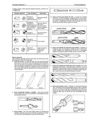 o

Tecnologia Mecânica - I

1 Ciclo de Mecânica

A tabela a seguir mostra algumas afiações especiais, conforme norma NBR 6176.
Afiações especiais

Tipo de afiação

Aplicações

Formato A
Para aços até 900
Redução da
2
N/mm
aresta transversal
Formato B
Redução da
aresta transversal
com correção da
aresta principal
de corte

Aço com mais de
2
900 N/mm
Aço para molas
Aço ao manganês
Ferro fundido

Formato C
Afiação em cruz

d) broca com furo para fluido de corte – é usada em produção
contínua e em alta velocidade, principalmente em furos profundos. O fluido de corte é injetado sob alta pressão. No caso de ferro fundido, a refrigeração é feita por meio de injeção de ar comprimido que também ajuda a expelir os cavacos.

Aço com mais de
2
900 N/mm

Formato D
Afiação com cone
Ferro fundido
duplo

Formato E
Ponta para centrar

e) broca com pastilha de metal duro para metais é utilizada na
2
furação de aços com resistência à tração de 750 a 1400 N/mm
2
e aços fundidos com resistência de 700 N/mm . è empregada
também na furação de peças fundidas de ferro, alumínio, latão.

Ligas de alumínio,
cobre e zinco
Chapa fina
Papel

Brocas especiais
Além da broca helicoidal existem outros tipos de brocas para usinagens especiais. Elas são por exemplo:
a) broca de centrar é usada para abrir um furo inicial que servirá
como guia no local do furo que será feito pela broca helicoidal.
Além de furar, esta broca produz simultaneamente chanfros ou
raios. Ela permite a execução de furos de centro nas peças que
vão ser torneadas, fresadas ou retificadas. Esses furos permitem
que a peça seja fixada por dispositivos entre pontas e tenha movimento giratório.

Forma A

Forma B

f)

broca com pastilha de metal duro para concreto tem canais
projetados para facilitar o transporte do pó, evitando o risco de
obstrução ou aquecimento da broca. Diferencia-se da broca com
pastilha de metal duro para metais pela posição e afiação da pastilha, e pelo corpo que não apresenta guias cilíndricas.

g) broca para furação curta é utilizada em máquinas-ferramenta
CNC, na furação curta de profundidade de até 4 vezes o diâmetro
da broca. É provida de pastilhas intercambiáveis de metal duro.
Possui, em seu corpo, furos para a lubrificação forçada. Com ela,
é possível obter furos de até 58 mm sem necessidade de préfuração.

Forma R

b) broca escalonada simples e múltipla
serve para executar
furos e rebaixos em uma única operação. É empregada em grande produção industrial.

c) broca canhão tem uma única aresta cortante. É indicada para
trabalhos especiais como furos profundos, garantindo sua retitude, onde não há possibilidade de usar brocas helicoidais.

34

 