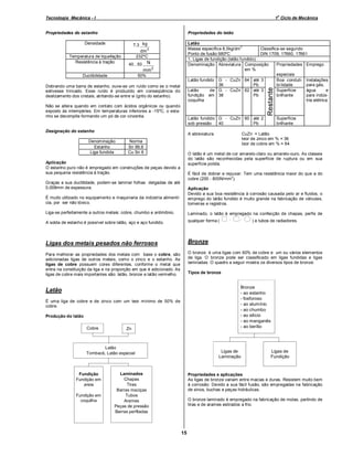 o

Tecnologia Mecânica - I

1 Ciclo de Mecânica

Propriedades do latão

Propriedades do estanho
Densidade

Latão
3
Massa específica 8,5kg/dm
Classifica-se segundo
Ponto de fusão 980ºC
DIN 1709, 17660, 17661
1. Ligas de fundição (latão fundido)
Denominação Abreviatura Composição
Propriedades Emprego
em %
especiais
Latão fundido G - CuZn 64 até 3
Boa conduti- Instalações
36
Pb
bi-lidade
para gás,
Latão
de G - CuZn 62 até 3
Superfície
água
e
fundição em 38
Pb
brilhante
para indúscoquilha
tria elétrica

7,3 kg

Temperatura de liquefação
Resistência à tração

dm 3
232ºC

N

40...50

mm 2
Ductibilidade

50%

Dobrando uma barra de estanho, ouve-se um ruído como se o metal
estivesse trincado. Esse ruído é produzido em conseqüência do
deslizamento dos cristais, atritando-se entre si (grito do estanho).
Não se altera quando em contato com ácidos orgânicos ou quando
exposto às intempéries. Em temperaturas inferiores a -15ºC, o estanho se decompõe formando um pó de cor cinzenta.

Latão fundido G - CuZn 60 até 2
sob pressão
40
Pb

Designação do estanho

A abreviatura

Denominação
Estanho
Liga fundida

Norma
Sn 99,9
Cu Sn 6

Superfície
brilhante

CuZn = Latão
teor de zinco em % = 36
teor de cobre em % = 64

O latão é um metal de cor amarelo-claro ou amarelo-ouro. As classes
do latão são reconhecidas pela superfície de ruptura ou em sua
superfície polida.

Aplicação
O estanho puro não é empregado em construções de peças devido a
sua pequena resistência à tração.

É fácil de dobrar e repuxar. Tem uma resistência maior do que a do
2
cobre (200 - 800N/mm ).

Graças a sua ductilidade, podem-se laminar folhas delgadas de até
0,008mm de espessura.
É muito utilizado no equipamento e maquinaria da indústria alimentícia, por ser não tóxico.

Aplicação
Devido a sua boa resistência à corrosão causada pelo ar e fluidos, o
emprego do latão fundido é muito grande na fabricação de válvulas,
torneiras e registros.

Liga-se perfeitamente a outros metais: cobre, chumbo e antimônio.

Laminado, o latão é empregado na confecção de chapas, perfis de

A solda de estanho é possível sobre latão, aço e aço fundido.

qualquer forma (

Ligas dos metais pesados não ferrosos

Bronze

Para melhorar as propriedades dos metais com base o cobre, são
adicionadas ligas de outros metais, como o zinco e o estanho. As
ligas de cobre possuem cores diferentes, conforme o metal que
entra na constituição da liga e na proporção em que é adicionado. As
ligas de cobre mais importantes são: latão, bronze e latão vermelho.

O bronze é uma ligas com 60% de cobre e um ou vários elementos
de liga. O bronze pode ser classificado em ligas fundidas e ligas
laminadas. O quadro a seguir mostra os diversos tipos de bronze.

Produção do latão

Zn

Latão
Tomback, Latão especial

Fundição em
coquilha

) e tubos de radiadores.

Bronze
- ao estanho
- fosforoso
- ao alumínio
- ao chumbo
- ao silício
- ao manganês
- ao berílio

É uma liga de cobre e de zinco com um teor mínimo de 50% de
cobre.

Fundição
Fundição em
areia

,

Tipos de bronze

Latão

Cobre

,

Ligas de
Laminação

Laminados
Chapas
Tiras
Barras maciças
Tubos
Arames
Peças de pressão
Barras perfiladas

Ligas de
Fundição

Propriedades e aplicações
As ligas de bronze variam entre macias e duras. Resistem muito bem
à corrosão. Devido a sua fácil fusão, são empregadas na fabricação
de sinos, buchas e peças hidráulicas.
O bronze laminado é empregado na fabricação de molas, partindo de
tiras e de arames estirados a frio.

15

 