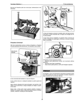o

Tecnologia Mecânica - I

1 Ciclo de Mecânica

Esse tipo de fresadora pode ser de dois tipos: bidimensional e tridimensional.

A mesa da fresadora universal é montada sobre uma base que pero
mite girá-la no plano horizontal até um ângulo de inclinação de 45
nos dois sentidos.
A essa mesa pode ser adaptado um aparelho divisor universal que
permite a fresagem de engrenagens cilíndricas ou cônicas de dentes
retos ou helicoidais.

Fresadora Universal
Além das características comuns a todas as fresadoras, a fresadora
universal apresenta dois eixos-árvore: um horizontal e outro vertical.

A fresadora universal apresenta também:
• dispositivo para aplainamento vertical, com movimento retilíneo
alternativo;
• dispositivo para fresar cremalheiras;
o
• mesa divisora (platô giratório) a 360 para fresagens especiais.

FRESAS
Na fresagem, usa-se uma ferramenta multicortante chamada de fresa
que retira cavacos por meio de movimentos circulares enquanto a
peça se desloca com movimentos retilíneos.
O eixo horizontal está localizado no corpo da máquina.
O eixo vertical situa-se no cabeçote localizado na parte superior da
máquina.
Alguns desses cabeçotes têm dupla articulação. Isso permite a inclinação do eixo porta-fresa no ângulo desejado em relação à superfície da mesa.
Desse modo, a fresa pode ocupar qualquer posição no espaço e
trabalhar em qualquer ângulo, produzindo peças de perfis e formatos
variados, mediante o emprego da fresa adequada.

37

 