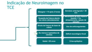 Indicação de Neuroimagem no
TCE
Glasgow < 15 após 2 horas
Suspeita de fratura aberta
de crânio (afundamento)
Sinais de fratura de base de
crânio
Ao menos 2 episódios de
vômitos
Idade > 65 anos
Amnésia anterógrada > 30
min
Mecanismo de alto impacto
(queda > 1m,
atropelamento, ejeção de
veículo)
Uso de anticoagulantes
Déficit neurológico focal
Crise epiléptica
 