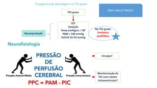 Fluxograma de abordagem no TCE grave
TCE grave
IOT
Sedação
Temp esofágica < 38°
PAM > 100 mmHg
PaCO2 35-45 mmHg
SpO 2 ≥ 94%
Cabeceira >30 °
No TCE grave:
Fenitoína
profilática
Neuroproteção
Cirurgia?
Monitorização de
PIC com cateter
intraventricular?
TC de crânio
PAM= PAS+(2*PAD)/3
 