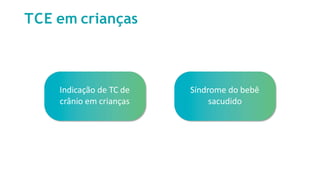TCE em crianças
Indicação de TC de
crânio em crianças
Síndrome do bebê
sacudido
 