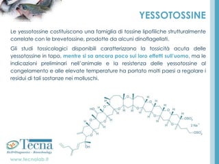 www.tecnalab.it
YESSOTOSSINE
Le yessotossine costituiscono una famiglia di tossine lipofiliche strutturalmente
correlate con le brevetossine, prodotte da alcuni dinoflagellati.
Gli studi tossicologici disponibili caratterizzano la tossicità acuta delle
yessotossine in topo, mentre si sa ancora poco sui loro effetti sull’uomo, ma le
indicazioni preliminari nell’animale e la resistenza delle yessotossine al
congelamento e alle elevate temperature ha portato molti paesi a regolare i
residui di tali sostanze nei molluschi.
 