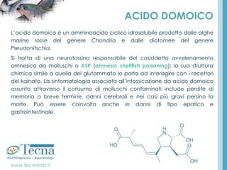 www.tecnalab.it
ACIDO DOMOICO
L’acido domoico è un amminoacido ciclico idrosolubile prodotto dalle alghe
marine rosse del genere Chondria e dalle diatomee del genere
Pseudonitschia.
Si tratta di una neurotossina responsabile del cosiddetto avvelenamento
amnesico da molluschi o ASP (amnesic shellfish poisoning): la sua struttura
chimica simile a quella del glutammato lo porta ad interagire con i recettori
del kainato. La sintomatologia associata all’intossicazione da acido domoico
assunto attraverso il consumo di molluschi contaminati include perdite di
memoria a breve termine, danni cerebrali e nei casi più gravi persino la
morte. Può essere coinvolto anche in danni di tipo epatico e
gastrointestinale.
 