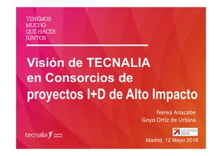 Visión de TECNALIA
en Consorcios de
proyectos I+D de Alto Impacto
Madrid, 12 Mayo 2016
Nerea Anacabe
Goyo Ortiz de Urbina
 