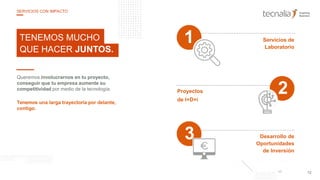 Queremos involucrarnos en tu proyecto,
conseguir que tu empresa aumente su
competitividad por medio de la tecnología.
Tenemos una larga trayectoria por delante,
contigo.
TENEMOS MUCHO
QUE HACER JUNTOS.
Servicios de
Laboratorio
1
Proyectos
de I+D+i
Desarrollo de
Oportunidades
de Inversión
12
SERVICIOS CON IMPACTO
3
2
 