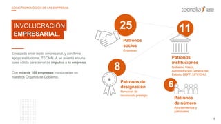 INVOLUCRACIÓN
EMPRESARIAL.
6
Patronos
instituciones
Gobierno Vasco,
Administración General del
Estado, DDFF, UPV/EHU
Patronos de
designación
Personas de
reconocido prestigio
25 11
8
Patronos
socios
Empresas
Enraizada en el tejido empresarial, y con firme
apoyo institucional, TECNALIA se asienta en una
base sólida para servir de impulso a tu empresa.
Con más de 100 empresas involucradas en
nuestros Órganos de Gobierno.
Patronos
de número
Ayuntamientos y
patronales
8
SOCIO TECNOLÓGICO DE LAS EMPRESAS
 