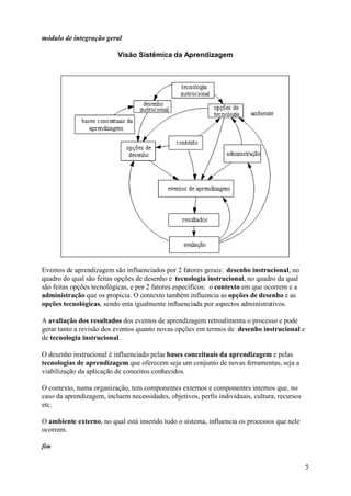 módulo de integração geral

                           Visão Sistêmica da Aprendizagem




Eventos de aprendizagem são influenciados por 2 fatores gerais: desenho instrucional, no
quadro do qual são feitas opções de desenho e tecnologia instrucional, no quadro da qual
são feitas opções tecnológicas, e por 2 fatores específicos: o contexto em que ocorrem e a
administração que os propicia. O contexto também influencia as opções de desenho e as
opções tecnológicas, sendo esta igualmente influenciada por aspectos administrativos.

A avaliação dos resultados dos eventos de aprendizagem retroalimenta o processo e pode
gerar tanto a revisão dos eventos quanto novas opções em termos de desenho instrucional e
de tecnologia instrucional.

O desenho instrucional é influenciado pelas bases conceituais da aprendizagem e pelas
tecnologias de aprendizagem que oferecem seja um conjunto de novas ferramentas, seja a
viabilização da aplicação de conceitos conhecidos.

O contexto, numa organização, tem componentes externos e componentes internos que, no
caso da aprendizagem, incluem necessidades, objetivos, perfis individuais, cultura, recursos
etc.

O ambiente externo, no qual está inserido todo o sistema, influencia os processos que nele
ocorrem.

fim


                                                                                               5
 