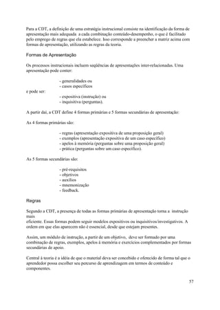 Para a CDT, a definição de uma estratégia instrucional consiste na identificação da forma de
apresentação mais adequada a cada combinação conteúdo-desempenho, o que é facilitado
pelo emprego de regras que ela estabelece. Isso corresponde a preencher a matriz acima com
formas de apresentação, utilizando as regras da teoria.

Formas de Apresentação

Os processos instrucionais incluem seqüências de apresentações inter-relacionadas. Uma
apresentação pode conter:

                  - generalidades ou
                  - casos específicos
e pode ser:
                  - expositiva (instrução) ou
                  - inquisitiva (perguntas).

A partir daí, a CDT define 4 formas primárias e 5 formas secundárias de apresentação:

As 4 formas primárias são:

                   - regras (apresentação expositiva de uma proposição geral)
                   - exemplos (apresentação expositiva de um caso específico)
                   - apelos à memória (perguntas sobre uma proposição geral)
                   - prática (perguntas sobre um caso específico).

As 5 formas secundárias são:

                   - pré-requisitos
                   - objetivos
                   - auxílios
                   - mnemonização
                   - feedback.

Regras

Segundo a CDT, a presença de todas as formas primárias de apresentação torna a instrução
mais
eficiente. Essas formas podem seguir modelos expositivos ou inquisitivos/investigativos. A
ordem em que elas aparecem não é essencial, desde que estejam presentes.

Assim, um módulo de instrução, a partir de um objetivo, deve ser formado por uma
combinação de regras, exemplos, apelos à memória e exercícios complementados por formas
secundárias de apoio.

Central à teoria é a idéia de que o material deva ser concebido e oferecido de forma tal que o
aprendedor possa escolher seu percurso de aprendizagem em termos de conteúdo e
componentes.

                                                                                             57
 