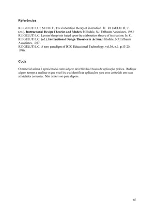 Referências

REIGELUTH, C.; STEIN, F. The elaboration theory of instruction. In: REIGELUTH, C.
(ed.), Instructional Design Theories and Models. Hillsdale, NJ: Erlbaum Associates, 1983
REIGELUTH, C. Lesson blueprints based upon the elaboration theory of instruction. In: C.
REIGELUTH, C. (ed.), Instructional Design Theories in Action. Hillsdale, NJ: Erlbaum
Associates, 1987.
REIGELUTH, C. A new paradigm of ISD? Educational Technology, vol.36, n.3, p.13-20,
1996.


Coda

O material acima é apresentado como objeto de reflexão e busca de aplicação prática. Dedique
algum tempo a analisar o que você leu e a identificar aplicações para esse conteúdo em suas
atividades correntes. Não deixe isso para depois.




                                                                                         63
 