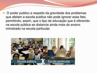  O poder publico a respeito da gravidade dos problemas
 que afetam a escola publica não pode ignorar esse fato,
 permitindo, assim, que o tipo de educação que é oferecido
 na escola pública se distancie ainda mais do ensino
 ministrado na escola particular.
 