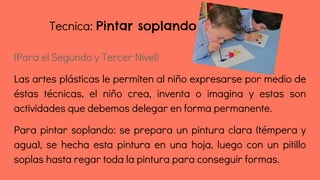 Tecnica: Pintar soplando
(Para el Segundo y Tercer Nivel)
Las artes plásticas le permiten al niño expresarse por medio de
éstas técnicas, el niño crea, inventa o imagina y estas son
actividades que debemos delegar en forma permanente.
Para pintar soplando: se prepara un pintura clara (témpera y
agua), se hecha esta pintura en una hoja, luego con un pitillo
soplas hasta regar toda la pintura para conseguir formas.