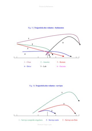 Técnica de Batimentos

Fig. 13, Trajectória dos volantes - batimentos

1
5

2
3
4
6
1 – Clear

2 – Amortie

3 – Remate

4 – Drive

5 – Lob

6 – Encosto

Fig. 14, Trajectória dos volantes - serviços

1

3

2

1 – Serviço comprido singulares

2 – Serviço curto

Professor Jorge Cação

3 – Serviço em flick

 