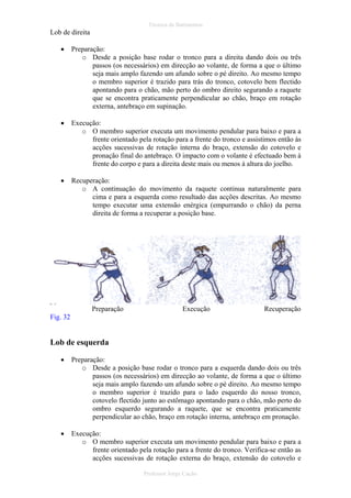 Técnica de Batimentos

Lob de direita
•

Preparação:
o Desde a posição base rodar o tronco para a direita dando dois ou três
passos (os necessários) em direcção ao volante, de forma a que o último
seja mais amplo fazendo um afundo sobre o pé direito. Ao mesmo tempo
o membro superior é trazido para trás do tronco, cotovelo bem flectido
apontando para o chão, mão perto do ombro direito segurando a raquete
que se encontra praticamente perpendicular ao chão, braço em rotação
externa, antebraço em supinação.

•

Execução:
o O membro superior executa um movimento pendular para baixo e para a
frente orientado pela rotação para a frente do tronco e assistimos então às
acções sucessivas de rotação interna do braço, extensão do cotovelo e
pronação final do antebraço. O impacto com o volante é efectuado bem à
frente do corpo e para a direita deste mais ou menos à altura do joelho.

•

Recuperação:
o A continuação do movimento da raquete continua naturalmente para
cima e para a esquerda como resultado das acções descritas. Ao mesmo
tempo executar uma extensão enérgica (empurrando o chão) da perna
direita de forma a recuperar a posição base.

Preparação

Execução

Recuperação

Fig. 32

Lob de esquerda
•

Preparação:
o Desde a posição base rodar o tronco para a esquerda dando dois ou três
passos (os necessários) em direcção ao volante, de forma a que o último
seja mais amplo fazendo um afundo sobre o pé direito. Ao mesmo tempo
o membro superior é trazido para o lado esquerdo do nosso tronco,
cotovelo flectido junto ao estômago apontando para o chão, mão perto do
ombro esquerdo segurando a raquete, que se encontra praticamente
perpendicular ao chão, braço em rotação interna, antebraço em pronação.

•

Execução:
o O membro superior executa um movimento pendular para baixo e para a
frente orientado pela rotação para a frente do tronco. Verifica-se então as
acções sucessivas de rotação externa do braço, extensão do cotovelo e
Professor Jorge Cação

 