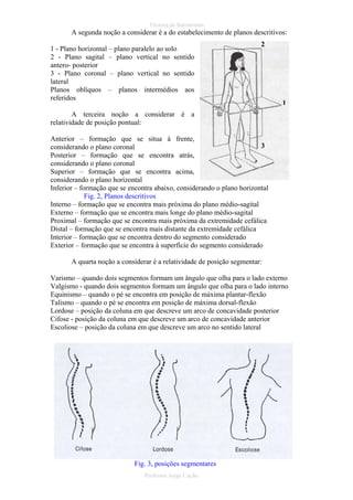 Técnica de Batimentos

A segunda noção a considerar é a do estabelecimento de planos descritivos:
1 - Plano horizontal – plano paralelo ao solo
2 - Plano sagital – plano vertical no sentido
antero- posterior
3 - Plano coronal – plano vertical no sentido
lateral
Planos oblíquos – planos intermédios aos
referidos

2

1

A terceira noção a considerar é a
relatividade de posição pontual:
Anterior – formação que se situa à frente,
3
considerando o plano coronal
Posterior – formação que se encontra atrás,
considerando o plano coronal
Superior – formação que se encontra acima,
considerando o plano horizontal
Inferior – formação que se encontra abaixo, considerando o plano horizontal
Fig. 2, Planos descritivos
Interno – formação que se encontra mais próxima do plano médio-sagital
Externo – formação que se encontra mais longe do plano médio-sagital
Proximal – formação que se encontra mais próxima da extremidade cefálica
Distal – formação que se encontra mais distante da extremidade cefálica
Interior – formação que se encontra dentro do segmento considerado
Exterior – formação que se encontra à superfície do segmento considerado
A quarta noção a considerar é a relatividade de posição segmentar:
Varismo – quando dois segmentos formam um ângulo que olha para o lado externo
Valgismo - quando dois segmentos formam um ângulo que olha para o lado interno
Equinismo – quando o pé se encontra em posição de máxima plantar-flexão
Talismo – quando o pé se encontra em posição de máxima dorsal-flexão
Lordose – posição da coluna em que descreve um arco de concavidade posterior
Cifose - posição da coluna em que descreve um arco de concavidade anterior
Escoliose – posição da coluna em que descreve um arco no sentido lateral

Fig. 3, posições segmentares
Professor Jorge Cação

 
