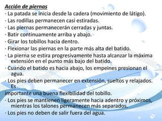 Acción de piernas
· La patada se inicia desde la cadera (movimiento de látigo).
· Las rodillas permanecen casi estiradas.
· Las piernas permanecerán cerradas y juntas.
· Batir continuamente arriba y abajo.
· Girar los tobillos hacia dentro.
· Flexionar las piernas en la parte más alta del batido.
· La pierna se estira progresivamente hasta alcanzar la máxima
extensión en el punto más bajo del batido.
· Cuando el batido es hacia abajo, los empeines presionan el
agua.
· Los pies deben permanecer en extensión, sueltos y relajados.
Es
importante una buena flexibilidad del tobillo.
· Los pies se mantienen ligeramente hacia adentro y próximos,
mientras los talones permanecen más separados.
· Los pies no deben de salir fuera del agua.
 