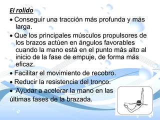 El rolido
Conseguir una tracción más profunda y más
larga.
Que los principales músculos propulsores de
los brazos actúen en ángulos favorables
cuando la mano está en el punto más alto al
inicio de la fase de empuje, de forma más
eficaz.
Facilitar el movimiento de recobro.
Reducir la resistencia del tronco.
 Ayudar a acelerar la mano en las
últimas fases de la brazada.
 