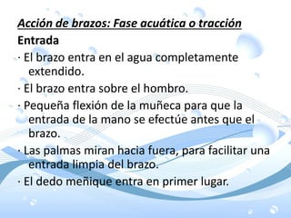 Acción de brazos: Fase acuática o tracción
Entrada
· El brazo entra en el agua completamente
extendido.
· El brazo entra sobre el hombro.
· Pequeña flexión de la muñeca para que la
entrada de la mano se efectúe antes que el
brazo.
· Las palmas miran hacia fuera, para facilitar una
entrada limpia del brazo.
· El dedo meñique entra en primer lugar.
 