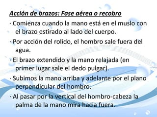 Acción de brazos: Fase aérea o recobro
· Comienza cuando la mano está en el muslo con
el brazo estirado al lado del cuerpo.
· Por acción del rolido, el hombro sale fuera del
agua.
· El brazo extendido y la mano relajada (en
primer lugar sale el dedo pulgar).
· Subimos la mano arriba y adelante por el plano
perpendicular del hombro.
· Al pasar por la vertical del hombro-cabeza la
palma de la mano mira hacia fuera.
 