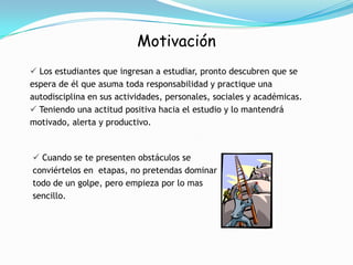 Condiciones para el EstudioCondiciones Psicológicas1-Practicar la relajación y la visualización2-Pensar en positivo3-Creer en tu potencial 4-Ser asertivo y comunicarte con tus compañeros y profesores5-Estar motivado, sentir placer por el estudio6-Resolver los problemas y no mezclar las situaciones personales con las académicas7-Mantener relaciones armoniosas con tu familia