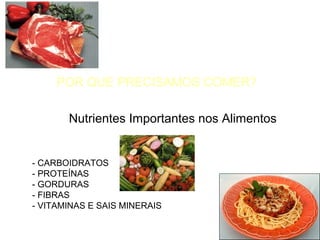 Alimentação e Saúde

POR QUE PRECISAMOS COMER?
Nutrientes Importantes nos Alimentos

- CARBOIDRATOS
- PROTEÍNAS
- GORDURAS
- FIBRAS
- VITAMINAS E SAIS MINERAIS

 