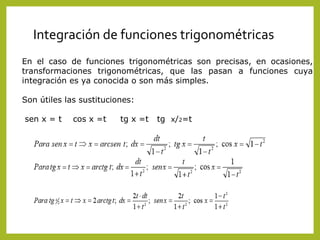 Integración de funciones trigonométricas
En el caso de funciones trigonométricas son precisas, en ocasiones,
transformaciones trigonométricas, que las pasan a funciones cuya
integración es ya conocida o son más simples.
Son útiles las sustituciones:
sen x = t

cos x =t

tg x =t

tg x/2=t

 