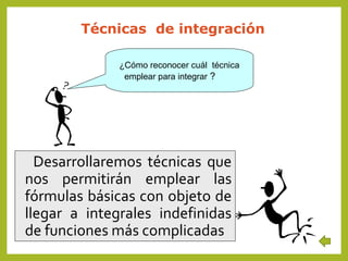 Técnicas de integración
¿Cómo reconocer cuál técnica
emplear para integrar ?

Desarrollaremos técnicas que
nos permitirán emplear las
fórmulas básicas con objeto de
llegar a integrales indefinidas
de funciones más complicadas

 