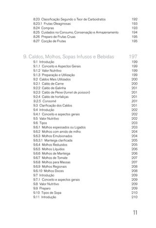 11
8.23  Classificação Segundo o Teor de Carboidratos	 192
8.23.1  Frutas Oleaginosas	 193
8.24 Compras	 193
8.25  Cuidados no Consumo, Conservação e Armazenamento	 194
8.26  Preparo de Frutas Cruas	 195
8.27  Cocção de Frutas	 195
9.	Caldos, Molhos, Sopas Infusos e Bebidas	 197
9.1 Introdução	 199
9.1.1  Conceito e Aspectos Gerais	 199
9.1.2  Valor Nutritivo	 199
9.1.3  Preparação e Utilização	 199
9.2  Caldos Mais Utilizados	 200
9.2.1  Caldo de Carne	 200
9.2.2  Caldo de Galinha	 201
9.2.3  Caldo de Peixe (fumet de poisson)	201
9.2.4  Caldo de hortaliças	 201
9.2.5  Consomé 	 201
9.3  Clarificação dos Caldos	 201
9.4 Introdução	 202
9.4.1  Conceito e aspectos gerais	 202
9.5  Valor Nutritivo	 202
9.6 Tipos	 203
9.6.1  Molhos espessados ou Ligados	 203
9.6.2  Molhos com amido de milho	 204
9.6.3  Molhos Emulsionados	 204
9.6.3.1  Manteiga clarificada	 205
9.6.4  Molhos Reduzidos	 205
9.6.5  Molhos Líquidos	 206
9.6.6  Molhos de Manteiga	 206
9.6.7  Molhos de Tomate	 207
9.6.8  Molhos para Massas	 207
9.6.9  Molhos Regionais	 208
9.6.10  Molhos Doces	 208
9.7 Introdução	 209
9.7.1  Conceito e aspectos gerais	 209
9.8  Valor Nutritivo	 209
9.9 Preparo	 209
9.10  Tipos de Sopa	 210
9.11 Introdução	 210
 