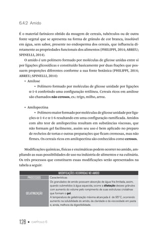 128 • capítulo 6
6.4.2  Amido
É o material farináceo obtido da moagem de cereais, tubérculos ou de outra
fonte vegetal que se apresenta na forma de grânulo de cor branca, insolúvel
em água, sem sabor, presente no endosperma dos cereais, que influencia di-
retamente as propriedades funcionais dos alimentos (PHILIPPI, 2014; ABREU;
SPINELLI, 2014).
O amido é um polímero formado por moléculas de glicose unidas entre si
por ligações glicosídicas e constituído basicamente por duas frações que pos-
suem proporções diferentes conforme a sua fonte botânica (PHILIPPI, 2014;
ABREU; SPINELLI, 2014):
•  Amilose
•  Polímero formado por moléculas de glicose unidade por ligações
α-1-4 conferindo uma configuração retilínea. Cereais ricos em amilose
são chamados não cerosos, ex.: trigo, milho, arroz.
•  Amilopectina
•  Polímeromaiorformadopormoléculasdeglicoseunidadeporliga-
ções α-1-4 e α-1-6 resultando em uma configuração ramificada. Amidos
com alto teor de amilopectina resultam em substâncias viscosas, que
não formam gel facilmente, assim seu uso é bem aplicado no preparo
de recheios de tortas e outras preparações que ficam cremosas, mas não
firmes. Os cereais ricos em amilopectina são conhecidos como cerosos.
Modificações químicas, físicas e enzimáticas podem ocorrer no amido, am-
pliando as suas possibilidades de uso na indústria de alimentos e na culinária.
Os três processos que constituem essas modificações serão apresentados na
tabela a seguir:
MODIFICAÇÕES OCORRIDAS NO AMIDO
PROCESSOS Características
GELATINIZAÇÃO
Os granulados de amido possuem absorção de água fria limitada, assim,
quando submetidos à água aquecida, ocorre a dilatação desses grânulos
com aumento do volume pelo rompimento de suas estruturas cristalinas
que formam o gel.
A temperatura de gelatinização máxima alcançada é de 950
C, ocorrendo
aumento na solubilidade do amido, da claridade e da viscosidade em pasta
e, ainda, melhora da digestibilidade.
 