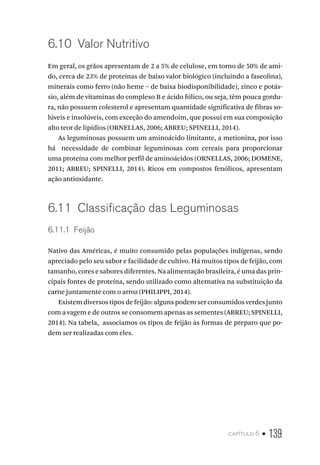 capítulo 6 • 139
6.10  Valor Nutritivo
Em geral, os grãos apresentam de 2 a 5% de celulose, em torno de 50% de ami-
do, cerca de 23% de proteínas de baixo valor biológico (incluindo a faseolina),
minerais como ferro (não heme – de baixa biodisponibilidade), zinco e potás-
sio, além de vitaminas do complexo B e ácido fólico, ou seja, têm pouca gordu-
ra, não possuem colesterol e apresentam quantidade significativa de fibras so-
lúveis e insolúveis, com exceção do amendoim, que possui em sua composição
alto teor de lipídios (ORNELLAS, 2006; ABREU; SPINELLI, 2014).
As leguminosas possuem um aminoácido limitante, a metionina, por isso
há necessidade de combinar leguminosas com cereais para proporcionar
uma proteína com melhor perfil de aminoácidos (ORNELLAS, 2006; DOMENE,
2011; ABREU; SPINELLI, 2014). Ricos em compostos fenólicos, apresentam
ação antioxidante.
6.11  Classificação das Leguminosas
6.11.1  Feijão
Nativo das Américas, é muito consumido pelas populações indígenas, sendo
apreciado pelo seu sabor e facilidade de cultivo. Há muitos tipos de feijão, com
tamanho, cores e sabores diferentes. Na alimentação brasileira, é uma das prin-
cipais fontes de proteína, sendo utilizado como alternativa na substituição da
carne juntamente com o arroz (PHILIPPI, 2014).
Existem diversos tipos de feijão: alguns podem ser consumidos verdes junto
com a vagem e de outros se consomem apenas as sementes (ABREU; SPINELLI,
2014). Na tabela, associamos os tipos de feijão às formas de preparo que po-
dem ser realizadas com eles.
 
