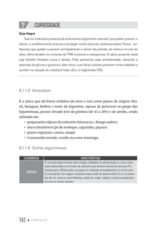 142 • capítulo 6
CURIOSIDADE
Soja Negra
Sua cor é devida à presença de antocianinas (pigmentos naturais), que podem prevenir o
câncer, o envelhecimento precoce e proteger contra doenças cardiovasculares. Possui iso-
flavonas, que ajudam a prevenir principalmente o câncer de próstata, de mama e no colo do
útero. Alivia também os sintomas da TPM e previne a osteoporose. O cálcio presente nesta
soja também fortalece ossos e dentes. Pode apresentar ação antiobesidade, reduzindo a
absorção de glicose e gordura e, além disso, suas fibras solúveis previnem contra diabetes e
auxiliam na redução do colesterol total, LDL-c e triglicérides (TG).
6.11.3  Amendoim
É a única que dá frutos embaixo da terra e tem como países de origem: Bra-
sil, Paraguai, Bolívia e norte da Argentina. Apesar de pertencer ao grupo das
leguminosas, possui elevado teor de gordura (de 45 a 50%) e de amido, sendo
utilizado em:
•  preparações típicas da culinária chinesa (ex.: frango xadrez)
•  doces brasileiros (pé de moloque, cajuzinho, paçoca)
•  pratos regionais: caruru, vatapá
•  Consumido torrado, cozido ou como manteiga.
6.11.4  Outras leguminosas
LEGUMINOSAS CARACTERÍSTICAS
LENTILHA
É uma das leguminosas mais antigas utilizadas na alimentação e o seu nome
está relacionado ao formato da semente que lembra uma lente côncava. Foi
trazida para o Brasil pelos europeus e cultivada principalmente no sul do país.
É uma planta com vagem castanho-clara, onde se desenvolvem 2 ou 3 semen-
tes de cor cinza ou avermelhada, usada em sopa, salada, cozida acompanhan-
do arroz e outros cereais.
 