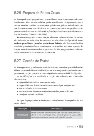 capítulo 8 • 195
8.26  Preparo de Frutas Cruas
As frutas podem ser preparadas e consumidas ao natural, em sucos, refrescos,
batidas com leite, sorvete, saladas, purês, combinadas com presunto, aves e
carnes, assadas, cozidas, em compotas, gelatinosas, geleias, cristalizadas, se-
cas, doces em massa, mas não devem ser expostas por muito tempo à luz, à tem-
peratura ambiente e ao acréscimo de açúcar (agente redutor), que diminuem o
teor de vitamina C (ORNELLAS, 2006).
Frutas adstringentes como a maçã e a banana, pela quantidade de tanino,
são indicadas para diarreias. Frutas como mamão, abacaxi e figo são ricas em
enzimas proteóliticas (papaína, bromelima e ficina) e não devem ser batidas
com leite quando não forem rapidamente consumidas, pois, com o passar do
tempo, as enzimas atuam sobre as proteínas do leite, coagulando-as e alteran-
do-lhes a consistência e o sabor da preparação.
8.27  Cocção de Frutas
As frutas possuem grande quantidade de açúcares solúveis e quantidade redu-
zida de corpos celulósicos insolúveis, o que acarreta grandes perdas durante o
processo de cocção, que ocorre com o objetivo de tornar mais fácil a digestão.
As modificações por subdivisão e cocção são indicadas em circunstân-
cias especiais:
•  Necessidade de utilizar o excesso de safra.
•  Impossibilidade de estocar as frutas ao natural por longo tempo.
•  Frutas colhidas ou caídas verdes
•  Preparações de frutas que se destinam a crianças ou enfermos
•  Desejo de variar o cardápio
Os tipos de preparações mais comuns realizadas com frutas podem ser vis-
tas na tabela:
PREPARAÇÃO CARACTERÍSTICAS
FRUTAS ASSADAS
Podem ser assadas em fornos com ou sem casca até que fiquem macias,
abrindo ou não um orifício por cima e colocando geleia, mel, açúcar, edulco-
rantes ou especiarias, ex.: banana, maçã, fruta-pão, marmelo.
 