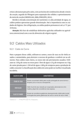 200 • capítulo 9
evitar a desnaturação pelo calor, com acréscimo de condimentos desde o início
da cocção, seguida de filtragem para separação dos sólidos e aproveitamento
do meio de cocção (ORNELLAS, 2006; PHILIPPI, 2014).
Devido à elevada concentração de nutrientes e à alta atividade de água, os
caldos podem apresentar grande deterioração. Daí a importância com os cui-
dados de higiene. Em refrigeração, os caldos podem permanecer até a 4 O
C por
24 horas.
Atenção: Há risco de solubilizar defensivos agrícolas utilizados na agricul-
tura convencional com o uso de alimentos de origem vegetal.
9.2  Caldos Mais Utilizados
9.2.1  Caldo de Carne
Para o preparo desse caldo, utilizam-se carnes, ossos de vaca ou de vitela as-
sados e caramelados, para derreter o excesso de gordura e conferir cor ao ali-
mento. Para caldos mais claros, os ossos não são previamente assados. Utili-
zam-se: 150 g de carne ou ossos para 1 litro de água e 25 g de temperos ou 1 Kg
de carne picada para 1 250 ml de água e 100 g de temperos para a produção de
caldo consomê. A classificação dos caldos de carne pode ser melhor visualizada
na tabela.
CALDO DE CARNE CARACTERÍSTICAS
FOUND DE VEAU
Extrato concentrado obtido pela cocção prolongada de carne bovina e
temperos, de cor escura e transparente.
DEMI-GLACE
Caldo found de veau reduzido por evaporação, adicionado de vinho
madeira, adquirindo consistência mais espessa.
GLACE DE VIANDE
Extrato de consistência gelatinosa, desengordurado, obtido pela cocção
prolongada das partes gelatinosas de ossos e carnes de vaca e vitela.
Tabela 9.1  –  PHILIPPI (2014). Adaptado.
 