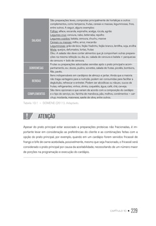 capítulo 10 • 229
SALADAS
São preparações leves, compostas principalmente de hortaliças e outros
complementos, como temperos, frutas, cereais e massas, leguminosas, frios,
entre outros. A seguir, alguns exemplos:
Folhas: alface, escarola, espinafre, acelga, rúcula, agrião
Legumes crus: cenoura, nabo, beterraba, repolho
Legumes cozidos: batata, cenoura, chuchu, maxixe
Cereais ou massas: milho, arroz, macarrão
Leguminosas: grão-de-bico, feijão fradinho, feijão branco, lentilha, soja, ervilha
Mista: queijos, defumados, tortas, frutas
Obs.: A salada não deve conter alimentos que já componham outras prepara-
ções na mesma refeição ou dia, ex.: salada de cenoura e batata + panquecas
de cenoura + bolo de cenoura.
SOBREMESAS
Frutas ou preparações adocicadas servidas após o prato principal e acom-
panhamento, ex.: doces, pudins, sorvetes, salada de frutas, picolés, bombons,
flãs, pavês.
BEBIDAS
Itens indispensáveis em cardápios de almoço e jantar. Ainda que a maioria
não traga vantagens para a nutrição, podem ser consumidas para facilitar a
deglutição, refrescar e entreter. Podem ser alcoólicas ou não,ex.: sucos de
frutas, refrigerantes, vinhos, drinks, coquetéis, água, café, chá, cerveja.
COMPLEMENTOS
São itens opcionais e que variam de acordo com a composição do cardápio
e o tipo do serviço, ex.: farinha de mandioca, pão, molhos, condimentos – cat-
chup, mostarda, maionese, azeite de oliva, entre outros.
Tabela 10.1  –  DOMENE (2011). Adaptado.
ATENÇÃO
Apesar do prato principal estar associado a preparações proteicas não fracionadas, é im-
portante levar em consideração as preferências do cliente e as combinações feitas com a
opção do prato principal, por exemplo, quando em um cardápio forem servidos fricassé de
frango e bife de carne acebolada, possivelmente, mesmo que seja fracionado, o fricassé será
considerado o prato principal por causa da aceitabilidade, necessitando de um número maior
de porções na programação e execução do cardápio.
 