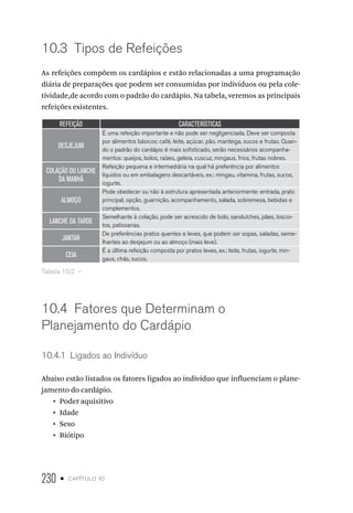 230 • capítulo 10
10.3  Tipos de Refeições
As refeições compõem os cardápios e estão relacionadas a uma programação
diária de preparações que podem ser consumidas por indivíduos ou pela cole-
tividade,de acordo com o padrão do cardápio. Na tabela, veremos as principais
refeições existentes.
REFEIÇÃO CARACTERÍSTICAS
DESJEJUM
É uma refeição importante e não pode ser negligenciada. Deve ser composta
por alimentos básicos: café, leite, açúcar, pão, manteiga, sucos e frutas. Quan-
do o padrão do cardápio é mais sofisticado, serão necessários acompanha-
mentos: queijos, bolos, raízes, geleia, cuscuz, mingaus, frios, frutas nobres.
COLAÇÃO OU LANCHE
DA MANHÃ
Refeição pequena e intermediária na qual há preferência por alimentos
líquidos ou em embalagens descartáveis, ex.: mingau, vitamina, frutas, sucos,
iogurte.
ALMOÇO
Pode obedecer ou não à estrutura apresentada anteriormente: entrada, prato
principal, opção, guarnição, acompanhamento, salada, sobremesa, bebidas e
complementos.
LANCHE DA TARDE
Semelhante à colação, pode ser acrescido de bolo, sanduíches, pães, biscoi-
tos, patissarias.
JANTAR
De preferências pratos quentes e leves, que podem ser sopas, saladas, seme-
lhantes ao desjejum ou ao almoço (mais leve).
CEIA
É a última refeição composta por pratos leves, ex.: leite, frutas, iogurte, min-
gaus, chás, sucos.
Tabela 10.2  – 
10.4  Fatores que Determinam o
Planejamento do Cardápio
10.4.1  Ligados ao Indivíduo
Abaixo estão listados os fatores ligados ao indivíduo que influenciam o plane-
jamento do cardápio.
•  Poder aquisitivo
•  Idade
•  Sexo
•  Biótipo
 