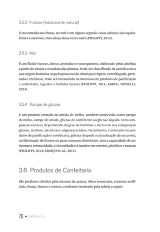 76 • capítulo 3
3.5.2  Frutose (edulcorante natural)
É encontrada nas frutas, no mel e em alguns vegetais. Suas calorias são equiva-
lentes à sacarose, mas adoça duas vezes mais (PHILIPPI, 2014).
3.5.3  Mel
É um fluído viscoso, denso, aromático e transparente, elaborado pelas abelhas
a partir do néctar e exsudato das plantas. Pode ser classificado de acordo com a
sua origem botânica ou pelo processo de obtenção (virgem, centrifugado, pren-
sado e em favos). Pode ser consumido in natura ou em produtos de panificação
e confeitaria, iogurtes e bebidas lácteas (PHILIPPI, 2014; ABREU; SPINELLI,
2014).
3.5.4  Xarope de glicose
É um produto extraído do amido de milho, também conhecido como xarope
de milho, xarope de amido, glicose de confeiteiro ou glicose líquida. Tem com-
posição variável, dependendo do grau de hidrólise e inclui em sua composição
glicose, maltose, dextrinas e oligossacarídeos. Geralmente, é utilizado em pro-
dutos de panificação e confeitaria, geleias (impede a cristalização da sacarose),
na fabricação de licores ou para consumo doméstico, tem a capacidade de au-
mentar a cremosidade, a viscosidade e a maciez em sorvetes, pirulitos e massas
(PHILIPPI, 2014; ARAÚJO et. al., 2014).
3.6  Produtos de Confeitaria
São produtos obtidos pela mistura de açúcar, óleos essenciais, corantes artifi-
ciais, frutas, licores e cremes, conforme mostrado pela tabela a seguir.
 