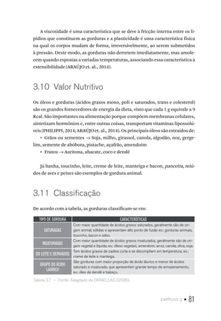 capítulo 3 • 81
A viscosidade é uma característica que se deve à fricção interna entre os li-
pídios que constituem as gorduras e a plasticidade é uma característica física
na qual os corpos mudam de forma, irreversivelmente, ao serem submetidos
à pressão. Deste modo, as gorduras não derretem imediatamente, mas amole-
cem quando expostas a variadas temperaturas, associando essa característica à
extensibilidade (ARAÚJO et. al., 2014).
3.10  Valor Nutritivo
Os óleos e gorduras (ácidos graxos mono, poli e saturados, trans e colesterol)
são os grandes fornecedores de energia da dieta, visto que cada 1 g equivale a 9
Kcal. São importantes na alimentação porque compõem membranas celulares,
sintetizam hormônios e, entre outras coisas, transportam vitaminas lipossolú-
veis (PHILIPPI, 2014; ARAÚJO et. al., 2014). Os principais óleos são extraídos de:
•  Grãos ou sementes → Soja, milho, girassol, canola, algodão, noz, gerge-
lim, semente de abóbora, pistache, açafrão, amendoim
•  Frutos → Azeitona, abacate, coco e dendê
Já banha, toucinho, leite, creme de leite, manteiga e bacon, pancetta, miú-
dos de aves e peixes são exemplos de gordura animal.
3.11  Classificação
De acordo com a tabela, as gorduras classificam-se em:
TIPO DE GORDURA CARACTERÍSTICAS
SATURADAS
Com maior quantidade de ácidos graxos saturados, geralmente são de ori-
gem animal, sólidas e apresentam alto ponto de fusão ex.: gorduras animais,
toucinho, bacon e sebo.
INSATURADAS
Com maior quantidade de ácidos graxos insaturados, geralmente são de ori-
gem vegetal e líquida, ex.: óleos vegetais, amendoim, arroz, canola, oliva, soja.
DO LEITE E DERIVADOS
Tem ácidos graxos de cadeia curta e se decompõem em temperatura, ex.:
creme de leite e manteiga.
GRUPO DO ÁCIDO
LAÚRICO
São gorduras com maior proporção de ácido láurico e menor de ácidos
saturado e insaturado, que apresentam grande tempo de armazenamento,.
ex.: óleo de dendê e babaçu.
Tabela 3.7  –  Fonte: Adaptado de ORNELLAS (2006).
 