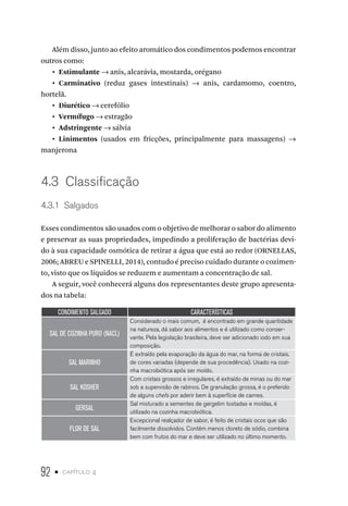 92 • capítulo 4
Além disso, junto ao efeito aromático dos condimentos podemos encontrar
outros como:
•  Estimulante → anis, alcarávia, mostarda, orégano
•  Carminativo (reduz gases intestinais) → anis, cardamomo, coentro,
hortelã.
•  Diurético → cerefólio
•  Vermífugo → estragão
•  Adstringente → sálvia
•  Linimentos (usados em fricções, principalmente para massagens) →
manjerona
4.3  Classificação
4.3.1  Salgados
Esses condimentos são usados com o objetivo de melhorar o sabor do alimento
e preservar as suas propriedades, impedindo a proliferação de bactérias devi-
do à sua capacidade osmótica de retirar a água que está ao redor (ORNELLAS,
2006; ABREU e SPINELLI, 2014), contudo é preciso cuidado durante o cozimen-
to, visto que os líquidos se reduzem e aumentam a concentração de sal.
A seguir, você conhecerá alguns dos representantes deste grupo apresenta-
dos na tabela:
CONDIMENTO SALGADO CARACTERÍSTICAS
SAL DE COZINHA PURO (NACL)
Considerado o mais comum, é encontrado em grande quantidade
na natureza, dá sabor aos alimentos e é utilizado como conser-
vante. Pela legislação brasileira, deve ser adicionado iodo em sua
composição.
SAL MARINHO
É extraído pela evaporação da água do mar, na forma de cristais,
de cores variadas (depende de sua procedência). Usado na cozi-
nha macrobiótica após ser moído.
SAL KOSHER
Com cristais grossos e irregulares, é extraído de minas ou do mar
sob a supervisão de rabinos. De granulação grossa, é o preferido
de alguns chefs por aderir bem à superfície de carnes.
GERSAL
Sal misturado a sementes de gergelim tostadas e moídas, é
utilizado na cozinha macrobiótica.
FLOR DE SAL
Excepcional realçador de sabor, é feito de cristais ocos que são
facilmente dissolvidos. Contém menos cloreto de sódio, combina
bem com frutos do mar e deve ser utilizado no último momento.
 