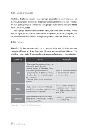 96 • capítulo 4
4.3.5  Ervas aromáticas
São folhas de plantas frescas, secas ou em pó que conferem sabor e odor aos ali-
mentos. Simples ou misturadas podem ser usadas em marinados ou no final do
preparo para aproveitar ao máximo suas propriedades aromáticas (PHILIPPI,
2014; DOMENE, 2011).
Neste grupo encontramos: coentro, salsa, salsão ou aipo, alecrim, ceboli-
nha, estragão, louro, hortelã, manjericão, manjerona, mostarda, orégano, sál-
via, cerefólio, funcho, alfavaca (manjericão grande), tomilho, dentre outras.
4.3.6  Bulbos
São raízes de forte aroma usadas no preparo de alimentos de origem animal
e vegetal, além de servir de base para diversos temperos (DOMENE, 2011). A
seleção e conservação destes condimentos devem obedecer a certos critérios.
CONDIMENTO SELEÇÃO CONSERVAÇÃO
ALHO
- Observar a uniformidade no número e no
tamanho dos dentes por bulbo.
- Verificar ausência de amassados, danos
por fungos ou por trama mecânica.
- Selecionar bulbos de diâmetro uniformes.
- Escolher bulbos com túnica integra (pele
que os recobre).
- Dispensar dentes chocos, brotados ou
mofados.
Depois de descascado. mantê-lo
na geladeira em saco plástico
ou imerso em óleo.
CEBOLA
- Bulbos firmes, de cor uniforme, haste (se
presente) bem seca, casca seca, sem brotos
e rompendo-se com facilidade.
Fresca, pode ficar até 15 dias
em ambiente arejado e fresco
ou de 6 a 8 meses sob refrige-
ração (4 O
C).
ALHO-PORÓ
Semelhante à cebola é usado em sopas,
molhos, tortas, quiches, saladas. Para tem-
peros, usam-se as folhas.
Conservar na geladeira por até
1 semana (7 a 8 O
C).
Tabela 4.4  –  DOMENE, 2011. Adaptado.
 