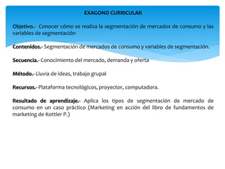 EXAGONO CURRICULAR
Objetivo.- Conocer cómo se realiza la segmentación de mercados de consumo y las
variables de segmentación
Contenidos.- Segmentación de mercados de consumo y variables de segmentación.
Secuencia.- Conocimiento del mercado, demanda y oferta
Método.- Lluvia de ideas, trabajo grupal
Recursos.- Plataforma tecnológicos, proyector, computadora.
Resultado de aprendizaje.- Aplica los tipos de segmentación de mercado de
consumo en un caso práctico (Marketing en acción del libro de fundamentos de
marketing de Kottler P.)
 