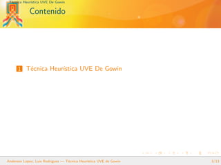 T´ecnica Heur´ıstica UVE De Gowin
Contenido
1 T´ecnica Heur´ıstica UVE De Gowin
Anderson Lopez, Luis Rodriguez — T´ecnica Heur´ıstica UVE de Gowin 3/13
 