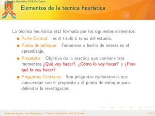 T´ecnica Heur´ıstica UVE De Gowin
Elementos de la tecnica heur´ıstica
La t´ecnica heur´ıstica est´a formada por los siguientes elementos:
Parte Central: es el titulo o tema del estudio.
Punto de enfoque: Fen´omeno o hecho de inter´es en el
aprendizaje.
Prop´osito: Objetivo de la practica que contiene tres
momentos ¿Qu´e voy hacer?, ¿C´omo lo voy hacer? y ¿Para
qu´e lo voy hacer?
Preguntas Centrales: Son preguntas exploratorias que
concuerdan con el prop´osito y el punto de enfoque para
delimitar la investigaci´on.
Anderson Lopez, Luis Rodriguez — T´ecnica Heur´ıstica UVE de Gowin 6/13
 