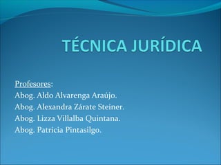 Profesores: 
Abog. Aldo Alvarenga Araújo. 
Abog. Alexandra Zárate Steiner. 
Abog. Lizza Villalba Quintana. 
Abog. Patricia Pintasilgo. 
 