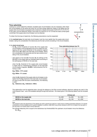 17Low voltage selectivity with ABB circuit-breakers
Time selectivity
Looking for current selectivity between moulded-case circuit-breakers may be necessary when there
are circuit-breakers of the same size which do not have energy selectivity values in the tables and the
supply-side circuit-breaker is equipped with an electronic release with function S (XT2-XT4-T4-T5-T6-T7).
In any case, only low selectivity values in the order of a maximum of 10-12 times the rated uninterrupted
current Iu of the supply-side circuit-breaker can be obtained.
To obtain the time type of selectivity, the following prescriptions must be respected:
In the overload zone, the load-side circuit-breaker must trip more rapidly than the supply-side circuit-
breaker, taking into consideration the tolerances and the real currents circulating in the circuit-breakers.
	 		 t2 times set	
	 MCCB on the supply side	 t2A
=200	t2A
=200	t2A
=400
	 MCCB on the load side	 t2B
=50	t2B
=100	t2B
=200
Note
The indications about the adjustments of the releases are valid in general and useful for a rapid choice of setting guaranteing selectivity. For specific
combinations of circuit-breakers and for specific installation conditions, ABB SACE may provide indications which do not respect the rules given in
this document, but however able to ensure selectivity.
The ultimate selectivity limit is equal to the istantaneus trip threshold I3 of the upstream circuit-breaker minus the tollerance
Is = I3minA
In the short-circuit zone
	 -	the I2A
current threshold of function S of the supply-side
circuit-breaker must be adjusted so as not to create trip over-
lapping with the current threshold of the protection against
short-circuit (I3 or I2) of the load-side circuit-breaker, taking
into consideration the tolerances and the real currents circu-
lating in the circuit-breakers
	 -	 with regard to trip time t2 of function S, the settings of the
MCCBs on the supply side are indicated below according to
the setting/type of MCCB on the load side:
		 when the I2A
threshold of the supply-side circuit-breaker
is higher than an instantaneous protection of the load-side
circuit-breaker (magnetic, I3=ON or self-protection) the fol-
lowing is valid:
		t2A
≥ 150ms	 if I2
t =const
		t2A
≥ 100ms	 if t =const
		 when the I2A
threshold of the supply-side circuit-breaker is only
higher than the I2B
threshold of the load-side circuit-breaker,
by using curves with the same characteristics, the following
is valid:
		t2A
- tolerance ≥ t2B
+ tolerance + 50ms
1E5s
1E4s
1E3s
100s
10s
1s
0.1s
1E-2s
1E-2kA 0.1kA 1kA 10kA 100kA
A
Time selectivity between two T4
B
Is
		 This relationship must be respected when, through the dialogue or the Ekip connect software, electronic settings are used. In the
more frequent case - use of the available settings through dip-switches - the values given in the following tables must be complied
with:
A
B
HowtoobtainselectivitywithABBcircuit-breakers
COVER • INDEX • CONTACT INFO
 