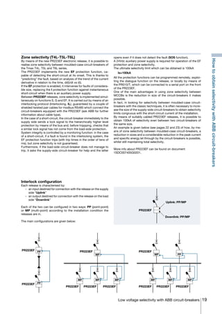 19Low voltage selectivity with ABB circuit-breakers
Zone selectivity (T4L-T5L-T6L)
By means of the new PR223EF electronic release, it is possible to
realise zone selectivity between moulded-case circuit-breakers of
the Tmax T4L, T5L and T6L series.
The PR223EF implements the new EF protection function, ca-
pable of detecting the short-circuit at its onset. This is thanks to
“predicting” the fault, based on analysis of the trend of the current
derivative in relation to the time, di(t)/dt vs i(t).
If the EF protection is enabled, it intervenes for faults of considera-
ble size, replacing the I protection function against instantaneous
short-circuit when there is an auxiliary power supply.
Between PR223EF releases, zone selectivity is implemented simul-
taneously on functions S, G and EF. It is carried out by means of an
interlocking protocol (Interlocking, IL), guaranteed by a couple of
shielded twisted pair cables for modbus RS485 which connect the
circuit-breakers equipped with the PR223EF (ask ABB for further
information about cable type).
In the case of a short-circuit, the circuit-breaker immediately to the
supply side sends a lock signal to the hierarchically higher level
protection by means of the bus and, before trippping, checks that
a similar lock signal has not come from the load-side protection.
System integrity is controlled by a monitoring function: in the case
of a short-circuit, if a fault is found in the interlocking system, the
EF protection function trips (with trip times in the order of tens of
ms), but zone selectivity is not guaranteed.
Furthermore, if the load-side circuit-breaker does not manage to
trip, it asks the supply-side circuit-breaker for help and the latter
opens even if it does not detect the fault (SOS function).
A 24Vdc auxiliary power supply is required for operation of the EF
protection and zone selectivity.
The ultimate selectivity limit which can be obtained is 100kA
	Is=100kA
All the protection functions can be programmed remotely, exploi-
ting the dialogue function on the release, or locally by means of
the PR010/T, which can be connected to a serial port on the front
of the PR223EF.
One of the main advantages in using zone selectivity between
MCCBs is the reduction in size of the circuit-breakers it makes
possible.
In fact, in looking for selectivity between moulded-case circuit-
breakers with the classic techniques, it is often necessary to incre-
ase the size of the supply-side circuit-breakers to obtain selectivity
limits congruous with the short-circuit current of the installation.
By means of suitably cabled PR223EF releases, it is possible to
obtain 100kA of selectivity even between two circuit-breakers of
the same size.
An example is given below (see pages 22 and 23) of how, by me-
ans of zone selectivity between moulded-case circuit-breakers, a
reduction in sizes and a considerable reduction in the peak current
and specific energy let through by the circuit-breakers is possible,
whilst still maintaining total selectivity.
More info about PR223EF can be found on document
1SDC007405G0201.
Interlock configuration
Each release is characterised by:
	 -	 an input destined for connection with the release on the supply
side “Uplink”
	 -	 an output destined for connection with the release on the load
side “Downlink”
Each of the two can be configured in two ways: PP (point-point)
or MP (multi-point) according to the installation condition the
releases are in.
The main configurations are given below:
Uplink: PP/MP
Downlink: PP/MP
PR223EF
MP PP
MPMPMP
PR223EFPR223EFPR223EF
PR223EF
MP
MPMPMP
PR223EFPR223EFPR223EF
PR223EFPP
PP
PR223EF
PR223EF
HowtoobtainselectivitywithABBcircuit-breakers
COVER • INDEX • CONTACT INFO
 