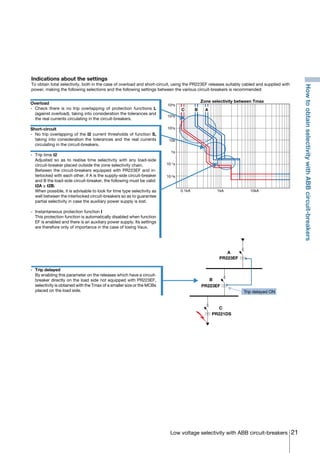 21Low voltage selectivity with ABB circuit-breakers
Zone selectivity between Tmax
0.1kA 1kA 10kA
B AC
103s
102s
10s
1s
10-1s
10-2s
104s
A
B
C
Trip delayed ON
PR221DS
PR223EF
PR223EF
Indications about the settings
To obtain total selectivity, both in the case of overload and short-circuit, using the PR223EF releases suitably cabled and supplied with
power, making the following selections and the following settings between the various circuit-breakers is recommended:
-	 Trip delayed
	 By enabling this parameter on the releases which have a circuit-
breaker directly on the load side not equipped with PR223EF,
selectivity is obtained with the Tmax of a smaller size or the MCBs
placed on the load side.
Overload
- 	Check there is no trip overlapping of protection functions L
(against overload), taking into consideration the tolerances and
the real currents circulating in the circuit-breakers.
Short-circuit
-	 No trip overlapping of the I2 current thresholds of function S,
taking into consideration the tolerances and the real currents
circulating in the circuit-breakers.
-	 Trip time t2
	 Adjusted so as to realise time selectivity with any load-side
circuit-breaker placed outside the zone selectivity chain.
	 Between the circuit-breakers equipped with PR223EF and in-
terlocked with each other, if A is the supply-side circuit-breaker
and B the load-side circuit-breaker, the following must be valid:
	t2A ≥ t2B.
	 When possible, it is advisable to look for time type selectivity as
well between the interlocked circuit-breakers so as to guarantee
partial selectivity in case the auxiliary power supply is lost.
-	 Instantaneous protection function I
	 This protection function is automatically disabled when function
EF is enabled and there is an auxiliary power supply. Its settings
are therefore only of importance in the case of losing Vaux.
HowtoobtainselectivitywithABBcircuit-breakers
COVER • INDEX • CONTACT INFO
 