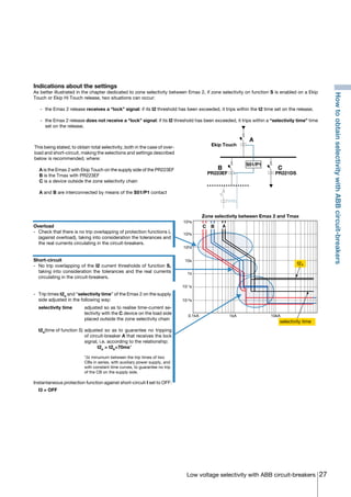 27Low voltage selectivity with ABB circuit-breakers
Zone selectivity between Emax 2 and Tmax
0.1kA 1kA 10kA
selectivity time
AC
t2A
B
103s
102s
10s
1s
10-1s
10-2s
104s
Indications about the settings
As better illustrated in the chapter dedicated to zone selectivity between Emax 2, if zone selectivity on function S is enabled on a Ekip
Touch or Ekip Hi Touch release, two situations can occur:
	 -	 the Emax 2 release receives a “lock” signal: if its I2 threshold has been exceeded, it trips within the t2 time set on the release;
	 -	 the Emax 2 release does not receive a “lock” signal: if its I2 threshold has been exceeded, it trips within a “selectivity time” time
set on the release.
Overload
-	 Check that there is no trip overlapping of protection functions L
(against overload), taking into consideration the tolerances and
the real currents circulating in the circuit-breakers.
Short-circuit
-	 No trip overlapping of the I2 current thresholds of function S,
taking into consideration the tolerances and the real currents
circulating in the circuit-breakers.
-	 Trip times t2A
and “selectivity time” of the Emax 2 on the supply
side adjusted in the following way:
	 selectivity time 	 adjusted so as to realise time-current se-
lectivity with the C device on the load side
placed outside the zone selectivity chain
	t2A
(time of function S)	adjusted so as to guarantee no tripping
of circuit-breaker A that receives the lock
signal, i.e. according to the relationship:
				 t2A
> t2B
+70ms*
		
		 *∆t minumum between the trip times of two
CBs in series, with auxiliary power supply, and
with constant time curves, to guarantee no trip
of the CB on the supply side.
Instantaneous protection function against short-circuit I set to OFF:
	 I3 = OFF
This being stated, to obtain total selectivity, both in the case of over-
load and short-circuit, making the selections and settings described
below is recommended, where:
	A is the Emax 2 with Ekip Touch on the supply side of the PR223EF
	B is the Tmax with PR223EF
	C is a device outside the zone selectivity chain
	A and B are interconnected by means of the S51/P1 contact
PR221DS
A
B C
S51/P1
PR223EF
Ekip Touch
HowtoobtainselectivitywithABBcircuit-breakers
COVER • INDEX • CONTACT INFO
 