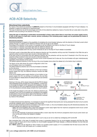 32 Low voltage selectivity with ABB circuit-breakers
Technical Application Papers
Directional time selectivity
By means of the directional protection D (ANSI 67) present on the Emax 2 circuit-breakers equipped with Ekip Hi Touch releases, it is
possible to realise time selectivity of directional type.
This type of selectivity has all the advantages and limits of time selectivity realised by means of function S, but is also able to trip within
different times according to the direction of the fault.
Using this type of selectivity is particularly recommended in those cases where there is more than one power supply source.
In fact, in the case of a fault near a source, service continuity of the remaining power supply can be guaranteed by means of
directional protection.
Directional protection
Directional protection is based on the possibility of correlating the circuit-breaker behaviour with the direction of the fault current which
passes through it in relation to the reference direction that can be set on the release.
According to the direction of the current, it is possible to set two different trip times on the Ekip Hi Touch release:
a time (t7Fw) in a direction concordant (Fw) with the reference direction set;
a time (t7Bw) in a direction discordant (Bw) with the reference direction set.
These times are enabled when the only current threshold (I7) set on the Ekip Hi Touch release is exceeded.
If the fault current is discordant (Bw) with the reference direction set, the protection will trip once the I7 threshold in the t7Bw time set is
reached (unless functions S and I are not set to intervene before D).
If the fault current is concordant (Fw) with reference direction set, the protection will trip once the I7 threshold in the t7Fw time set is
reached (unless functions S and I are not set to intervene before D).
Furthermore, if function I is enabled and the short-circuit current exceeds the I3 value set, the circuit-breaker will open instantaneously
regardless of the direction of the current.
The default reference direction is from the top of the circuit-breaker (zone where the release is) to the bottom (top to bottom).
To realise directional time selectivity, it is necessary to assume the significant fault points and, having assessed the short-circuit currents
concerned, establish which circuit-breakers will have to trip.
To be sure that everything functions as foreseen in the case of a fault, i.e. the circuit-breakers always trip with directional protection, the
following settings and selections are recommended:
	 -	 Select the circuit-breakers with a short-time withstand current value higher than the maximum prospective short-circuit current
which can occur at the point where they are installed:
		 Icw ≥ Ik MAX
	 -	 Set the trip thresholds of directional protections D to a lower value than the minimum prospective short-circuit current which can
occur at the point where that release is installed:
		 I7 < Ik min
	 -	 Set the trip thresholds of protections S and I in such a way so as not to create trip overlapping with function D.
Also remember that, in the case of constant time curves, to guarantee tripping of an air circuit-breaker equipped with Ekip Dip, Ekip
Touch or Ekip Hi Touch and no trip of another air circuit-breaker equipped with these releases, a difference between the trip times set
must be kept, equal to:
∆t = 100ms 	(which can be reduced to 70ms if there is an auxiliary power supply or if it is considered that the fault occurs when the
releases under self-supply are in a steady condition).
The figure at the side shows the actual configuration which two
circuit-breakers have in an installation.
The default reference direction set on the circuit-breaker is indicated
by the red arrow.
If the circuit-breaker power supply direction is from top to bottom
(power supply from G2), the reference direction remains the ABB
default one.
If the circuit-breaker power supply direction is from bottom to top
(power supply from G1), by working on its software, the new Ekip
Hi Touch electronic release allows the default setting to be reversed
(bottom to top).
Working in this way, all the values measured with the PR123 release
will be assessed as they actually flow in the installation. Furthermore,
on the single-line diagram which represents the installation, the refe-
rence direction to carry out a selectivity study and consider the Bw
or Fw trip directions correctly always remains from top to bottom.
In the single-line diagram at the side, the reference directions are
indicated in red. If the circuit-breakers are considered to be supplied
as described in the previous figure, there is the following: for QF2 it
is the default direction, whereas for QF1 it is the direction reversed
by means of the software.
A
G2G1
Other passive
loads M
Contribution of the
motor to the
short-circuit: 5kA
B
C
D E QF4QF3
with Ekip LSI
Reference
direction
Reference
direction
QF1
with Ekip Hi Touch
QF2
with Ekip Hi Touch
Contribution to the
short-circuit by each
generator: 10 kA
Reference
direction
inverted
through
software
Reference
direction
set by
ABB
G2G1
Release
Direction
set by
ABB
Release
ACB-ACB Selectivity
HowtoobtainselectivitywithABBcircuit-breakers
COVER • INDEX • CONTACT INFO
 